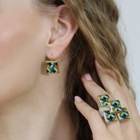 Zöld - Arany Négyzetes Rokokó Fülbevaló Kapcsos